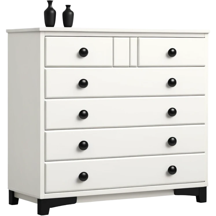 Modern IKEA-inspired white dresser with 6 drawers, small black knobs, clean lines, and depth emoji