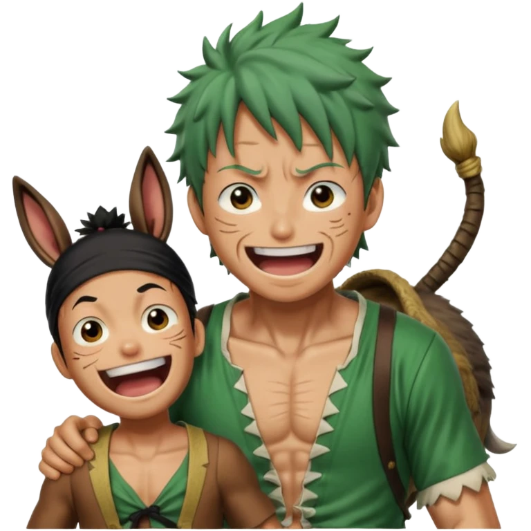 Luffy is riding on Zoro's back, and Zoro looks hilariously like the donkey. Zoro looks angry, and Luffy is laughing. The whole scene is very funny. emoji