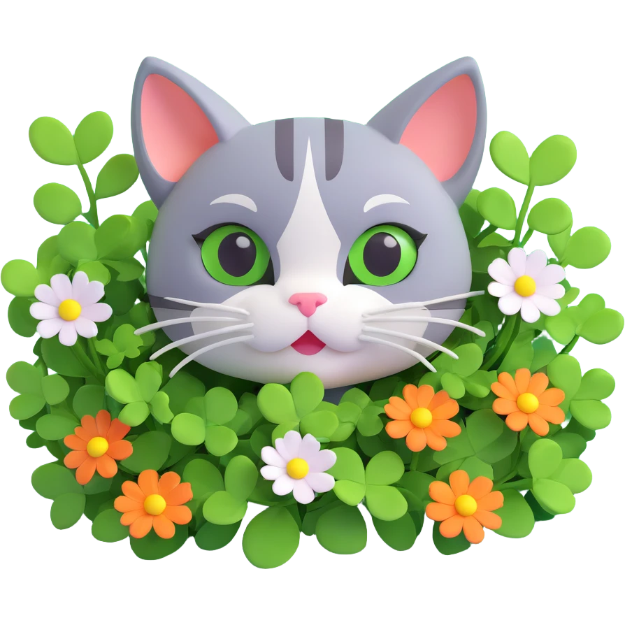 a cat peeking through green clover leaves with flowers emoji