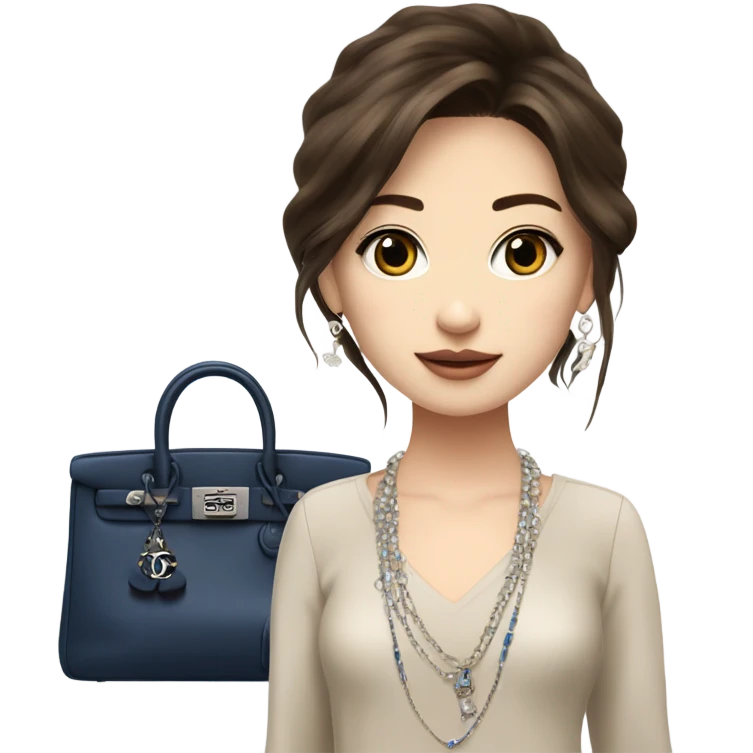 Realistic brown hair blue eyes Chanel Asian Girl with Birkin bag and Chanel necklace emoji