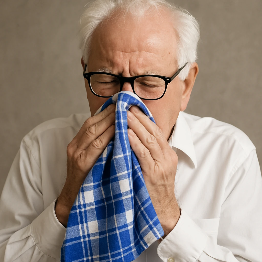 old man with white hair, white skin, black-framed glasses, wearing a white shirt, blowing his nose on a large thick blue and white checkered handkerchief emoji