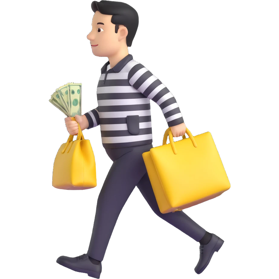black and white striped robber man carrying a yellow bag of money, 3D style emoji