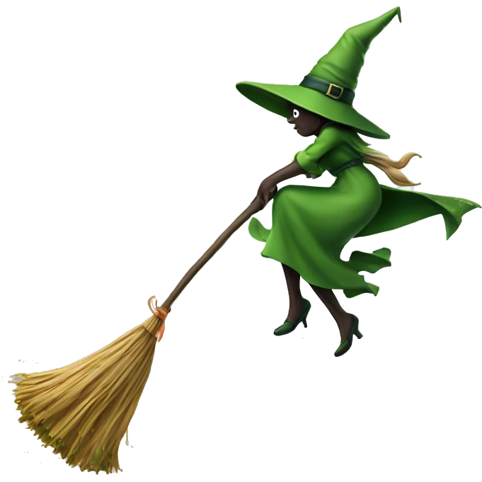 green witch facing right flying on a broom throwing candy. emoji