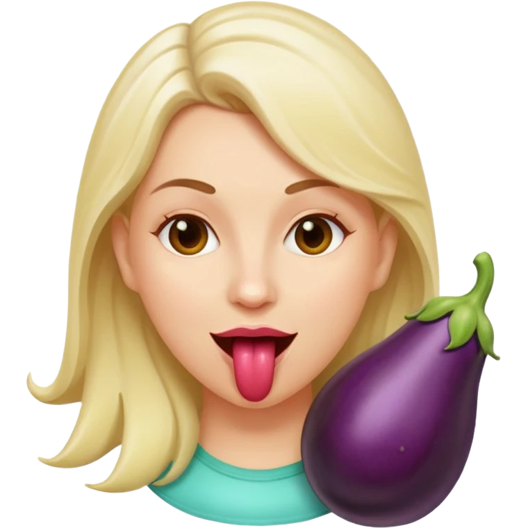 White woman holding an aubergine with white squirt on her face. She has her tongue out emoji