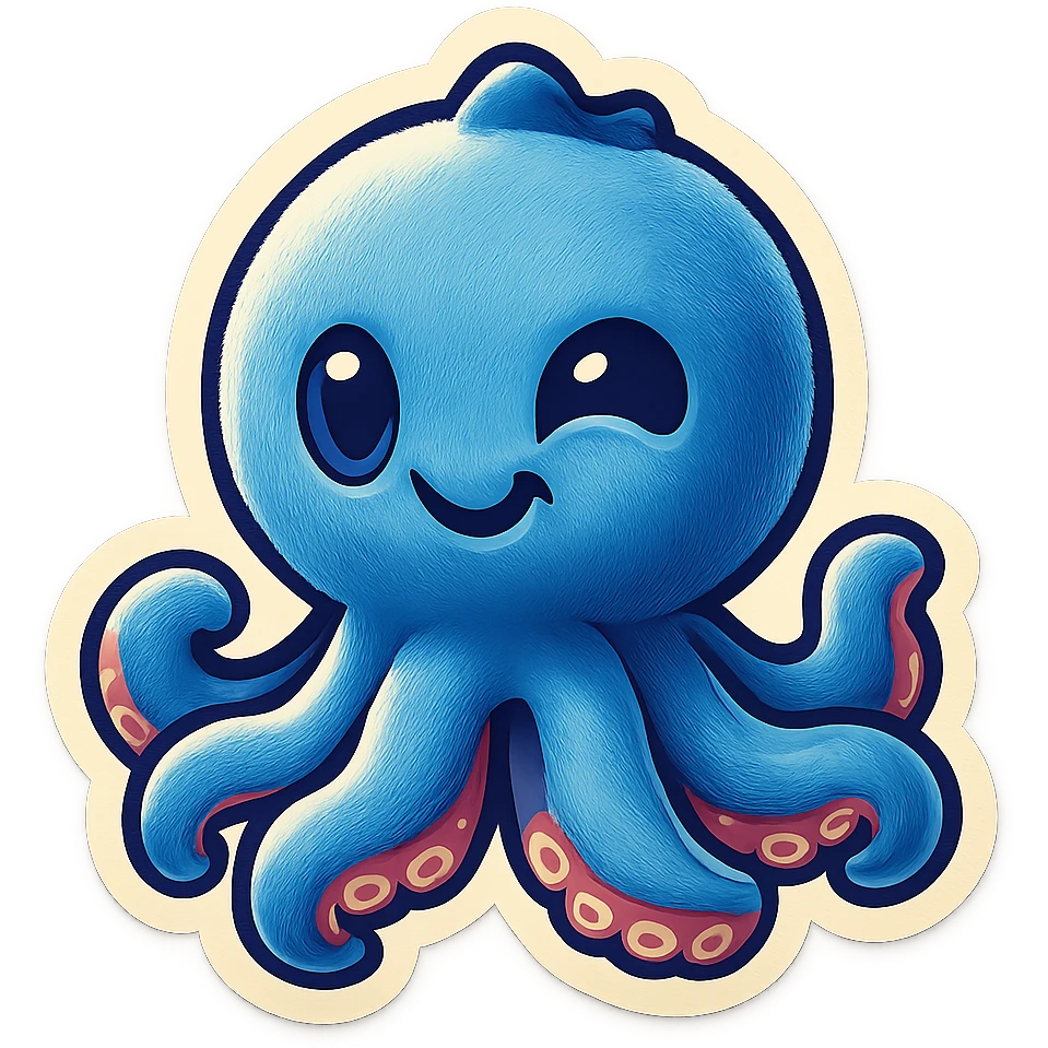 Change the octopus emoji's face to a winking playful expression, keep the style and pose the same, transparent background. emoji