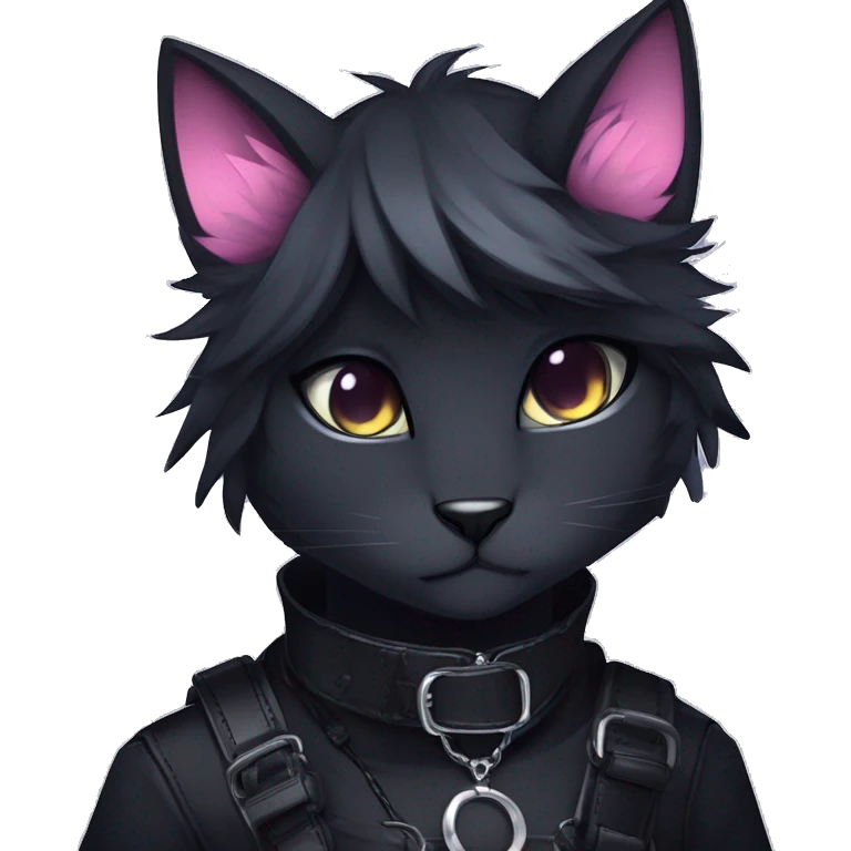 Gorgeous furry gothic dark techwear anime style anthro black cat furry sona Fakemon with blushing face aesthetic and pretty edgy black with collar and harness trending style emoji