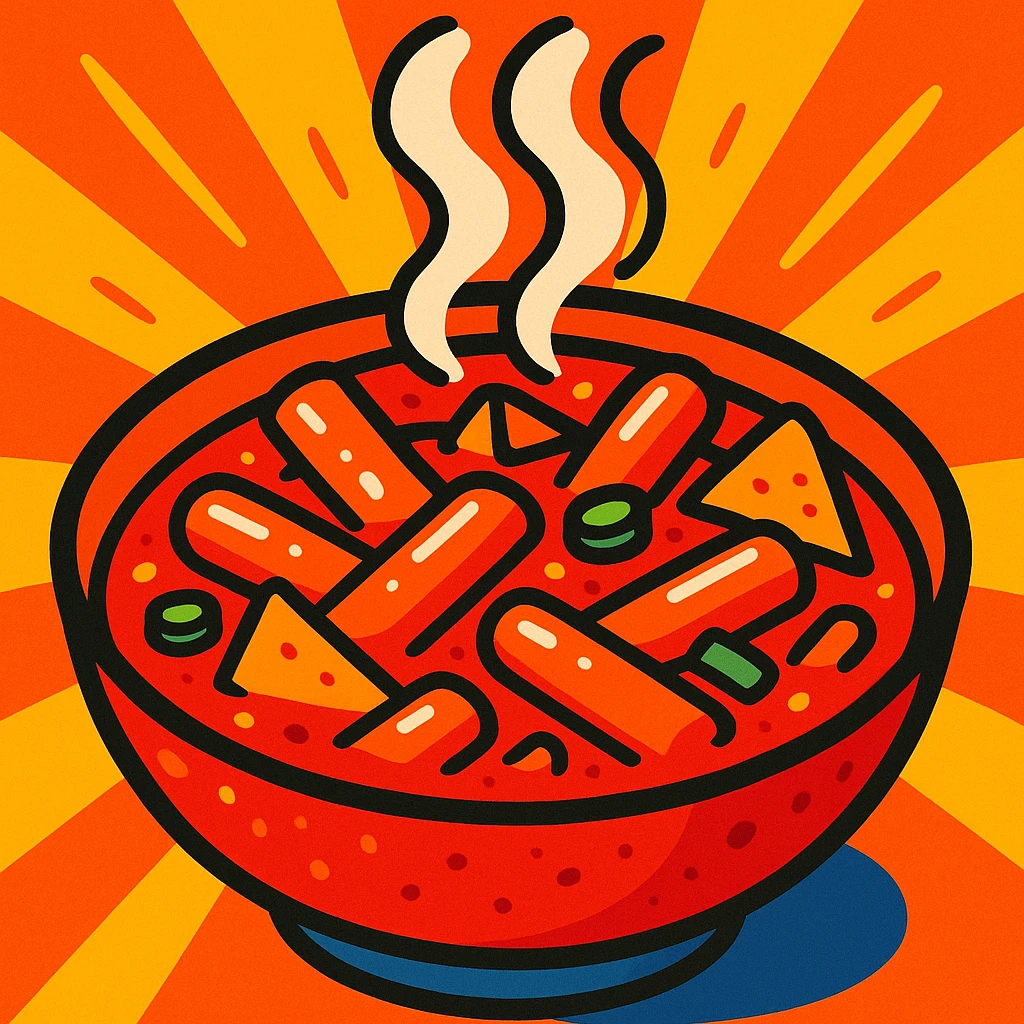 tteokbokki, spicy Korean rice cakes, vibrant, appetizing, in a bowl, steam rising, cartoon style emoji