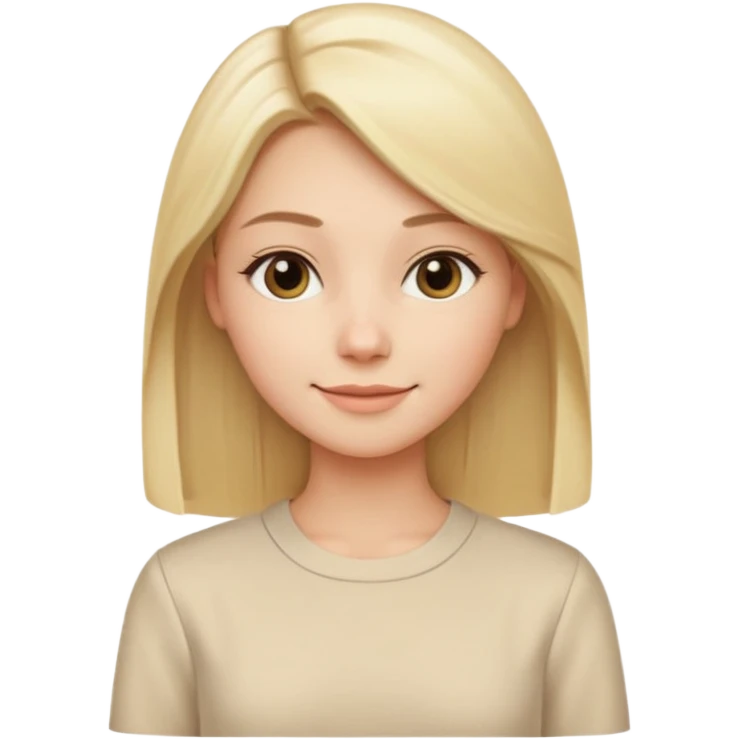 Cewe Kalem Kulit putih halus, rambut blonde panjang lurus rapi, belah samping. Pakai blouse beige terang atau cream soff emoji