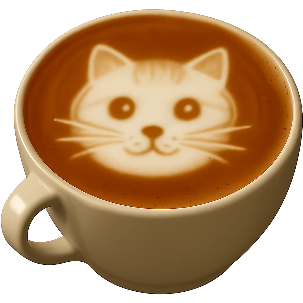 Add a cat face latte art design on top of the latte, keeping realistic texture and gentle lighting, with no background. Maintain the realistic style and texture of the original image. emoji