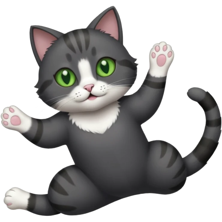 solid dark grey cat with green eyes, white toes/paws and white patch on her chest playfully rolling upside down emoji