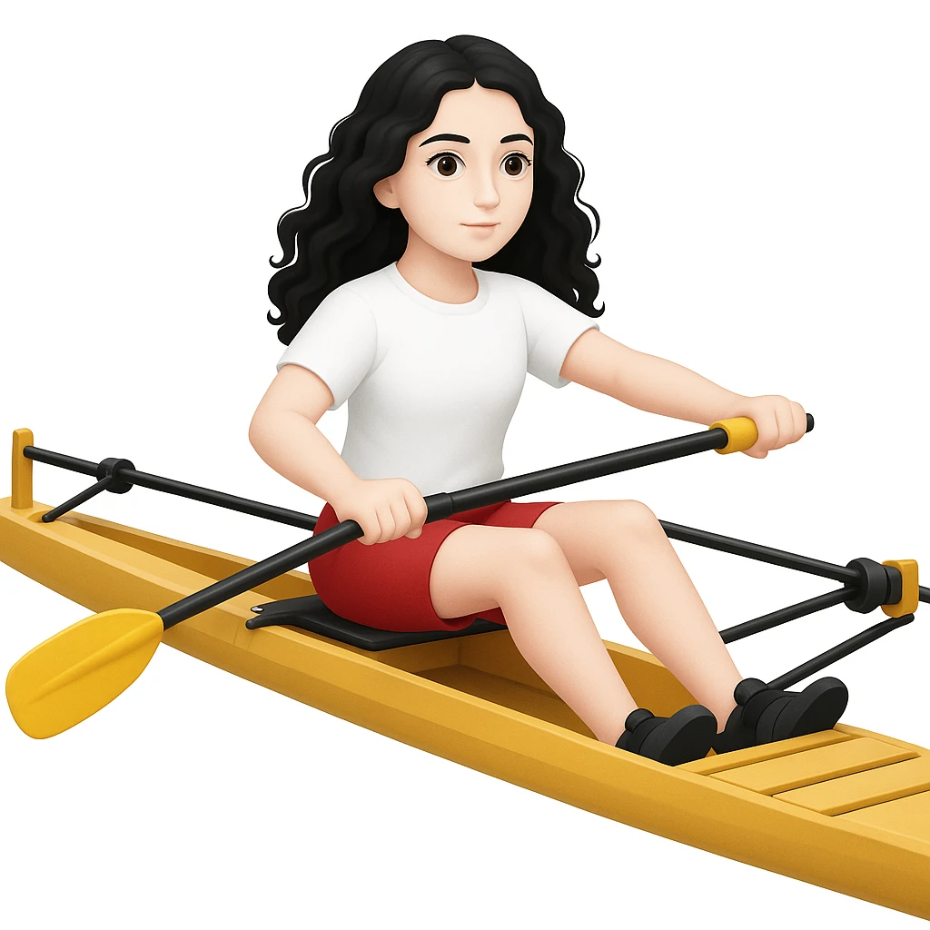 Kızın tenini daha beyaz yap, siyah uzun dalgalı saçlı, kırmızı şort ve beyaz kısa kollu tişörtle olimpik kürek sporu yapıyor emoji