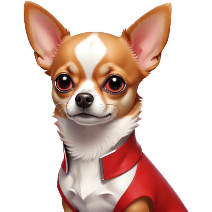 Cinematic Noble Red/White Short Haired Chihuahua Portrait Emoji, Poised and regal, with a compact, muscular build and a striking red and white coat, deep-set soulful dark eyes, Simplified yet sharp and sophisticated features, highly detailed, glowing with a soft, dignified glow, high shine, intelligent and loyal, stylized with an air of strength, focused and attentive, soft glowing outline, capturing the essence of a watchful and confident guardian, so majestic it feels as though it could step out of the screen with effortless authority! emoji