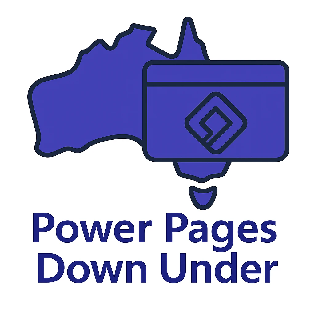 Update the text to 'Power Pages Down Under' in the same clean, modern font style below the map of Australia with the official Microsoft Power Pages icon overlay. Use #403DAD as the main color, no digital web overlay emoji