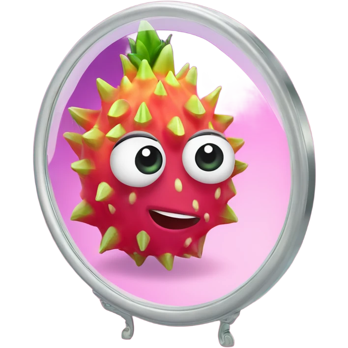 3D elegant Pitahaya with large shiny eyes 👀 one hand holds the mirror with its reflection 🪞 emoji