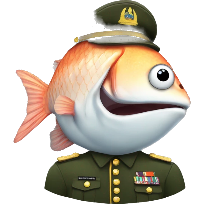 fish scared at war with army uniform on emoji
