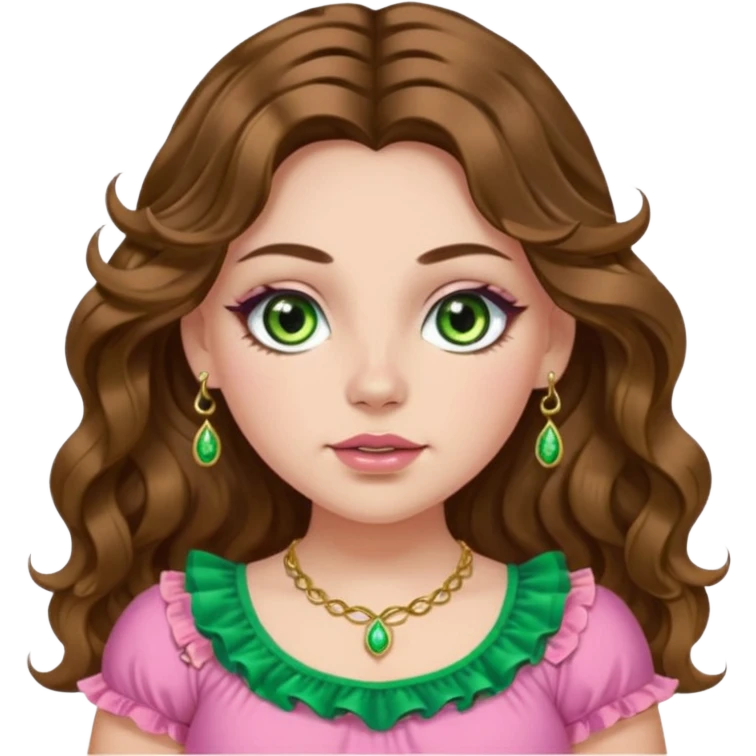 Girl long wavy brown hair with middle part. green gold eyes, plus size, pink frilly top,  gold nose ring. Long eyelashes. emoji