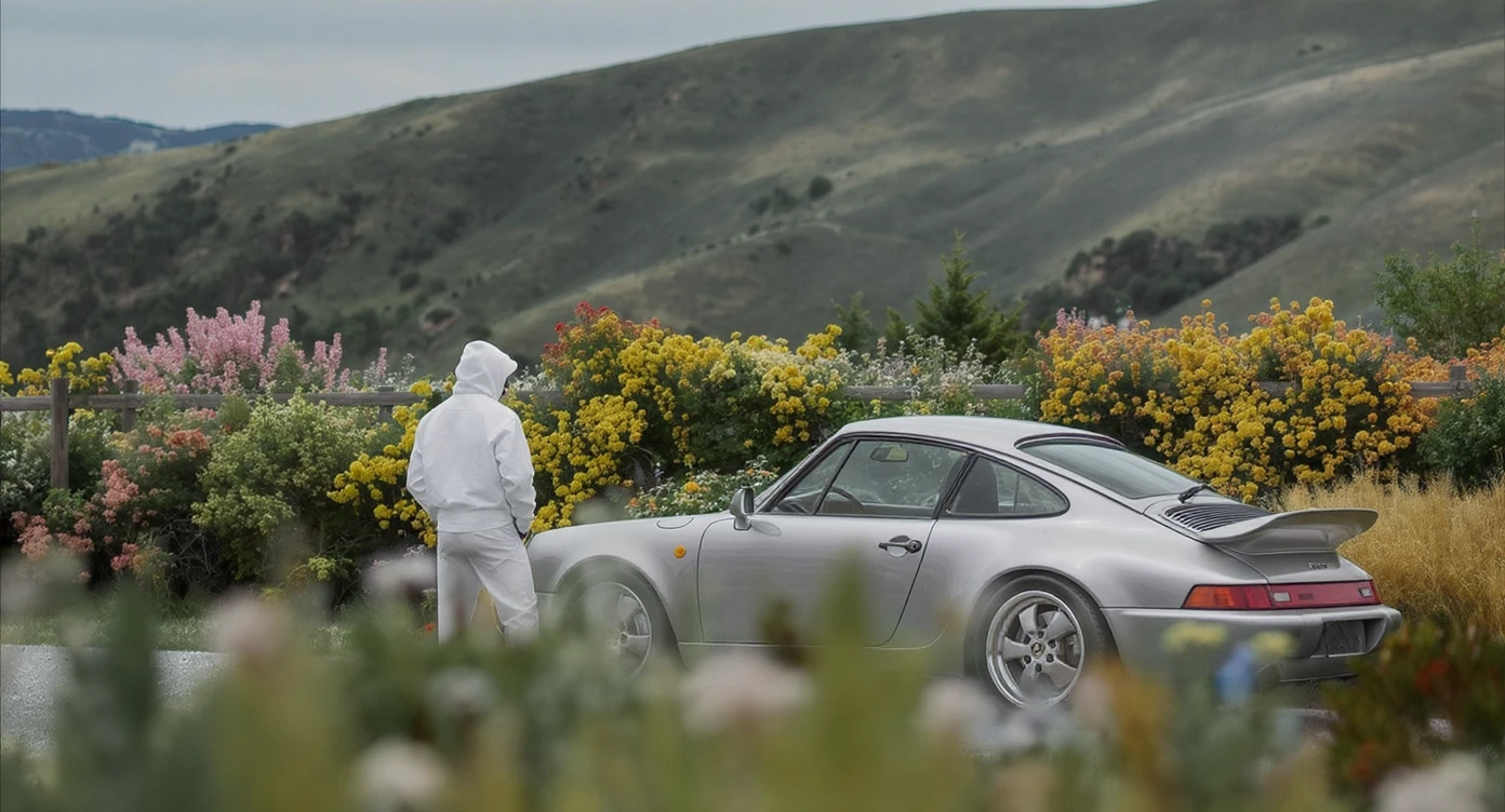 A portrait of a white person next to porsche 911 in the foreground, blurred plants in the foreground, a wooden fence and colorfull flowers in the midground, rolling hills in the background, cinematic depth of field, layered composition, natural lighting emoji