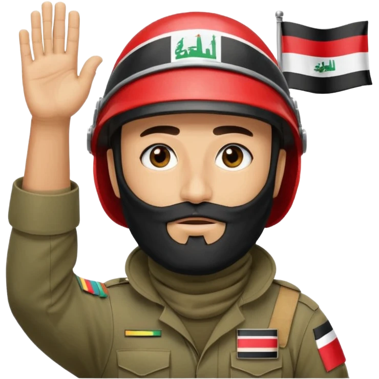 surrenders, depicts an Iraqi soldier from 1980, with a beard, in a helmet, a helmet with sign flag Iraq, with a balaclava, with sad eyes and both hands raised up emoji