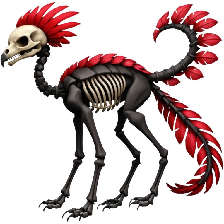 Rare realistic dark edgy tropical tribal patterned red-feathered skeletal badass epic handsome gorgeous aesthetic colorful vibrant black-skulled Vernid-Trico-species-Fakemon-creature by LiLaiRa, 4 legs, 1 tail, random markings, (full body) emoji