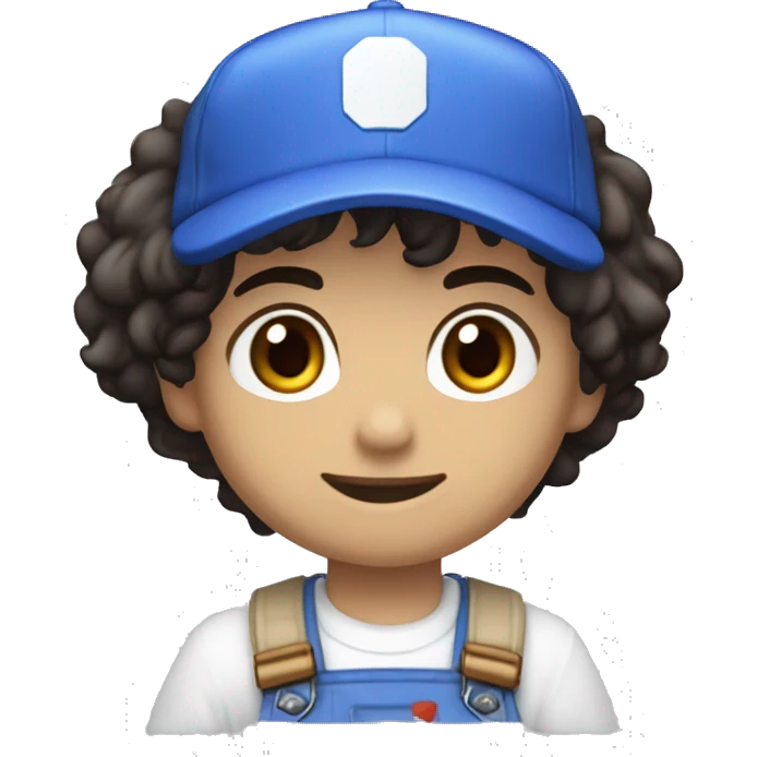 Black messy hair, white overalls, blue long sleeve shirt, Blue eyes, Brown shoes, white gloves, S in the blue cap logo, Smg4, Tan emoji