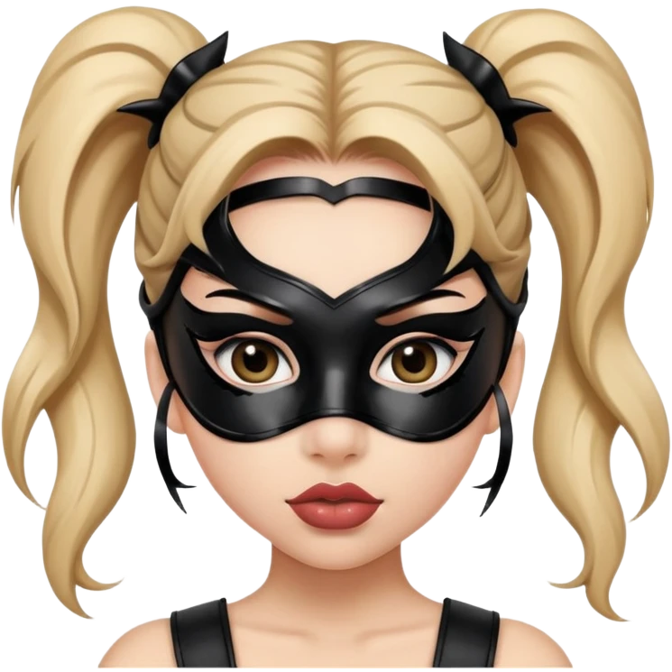 latex girl with big lips with two ponytails in a latex black mask, eyes with arrows and eyelashes emoji