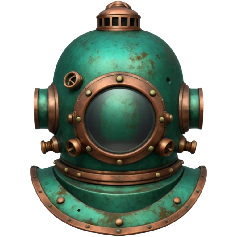 3D render of Antique Diver Helmet, heavily oxidized copper texture, verdigris patina, Bronze helmet with heavy green crust, weathered bronze aesthetic, ancient decay, emoji style, isolated on white background --v 6.0. emoji