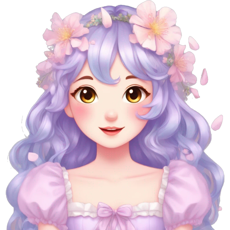 Gorgeous pastel anime style lady with blushing face with flower petals around  cottagecore fairycore pastelcore shiny colorful pearly petite simplistic aesthetic trending style emoji