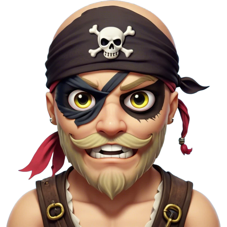Clash of Clans aesthetic Comical Pirate Portrait Emoji, Head tilted dramatically with an exaggerated, fun expression and wide, comically expressive eyes behind a quirky eye patch, featuring a rugged yet cartoonish build with a playful bandana and natural skin tone, Simplified yet hilariously expressive features, highly detailed, glowing with a slightly sassy oceanic glow, high shine, dramatic yet playful, stylized with an air of cheeky maritime mischief, soft glowing outline, capturing the essence of a meme-worthy pirate who brings humor to epic quests! emoji