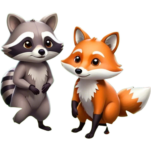 Collage of a raccoon and a fox, in close-up, set in a beautiful forest with tall trees, green bushes, and sunlight filtering through the leaves. Both animals look curious and playful. A vibrant, wild atmosphere with a transparent background. emoji