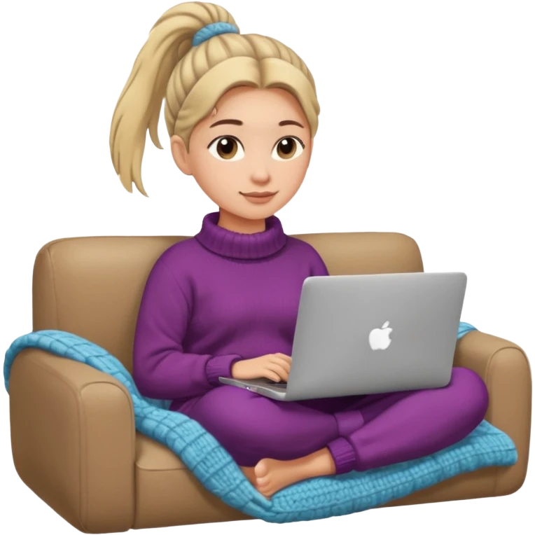 Cozy girl with ponytail on a cozy sofa with laptop on knees and a warm blanket, relaxed online shopping from home emoji