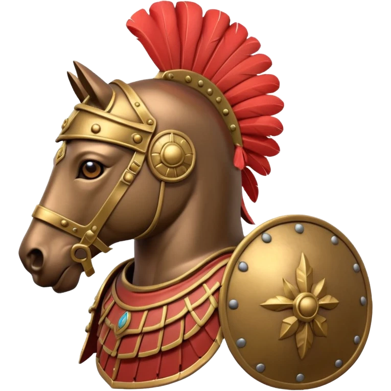 An emoji of a powerful Roman warhorse in full armor, with a feathered helmet. emoji