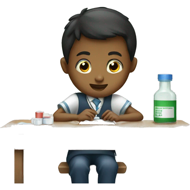 Boy school desk taking medicine emoji