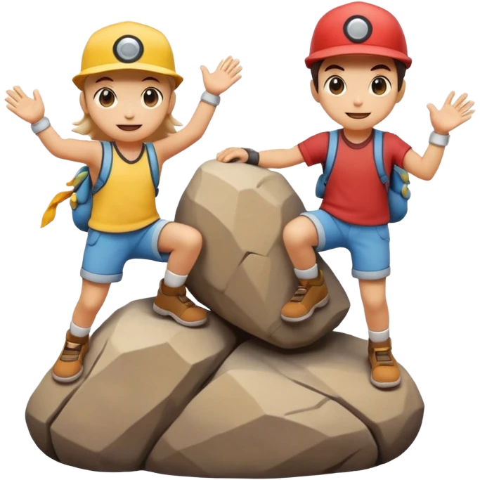 Two Pokémon characters working together — one is helping the other climb onto a small rock. Both look joyful and kind, with a bright, cheerful cartoon emoji style. emoji