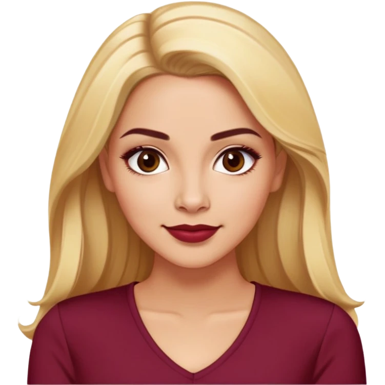 Puerto Rican actress Linette Torres with warm light skin, attractive elegant features, expressive eyes, well-defined eyebrows, straight nose, friendly smile, long blonde hair, wearing a fashionable burgundy top emoji