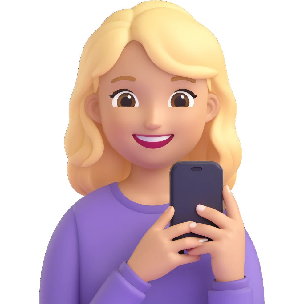 girl holding a smartphone, smiling, emoji style, with blonde hair emoji