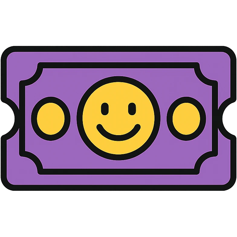 rectangular ticket icon with cut corners, details inspired by dollar bill, smiling, violet color #695791 emoji