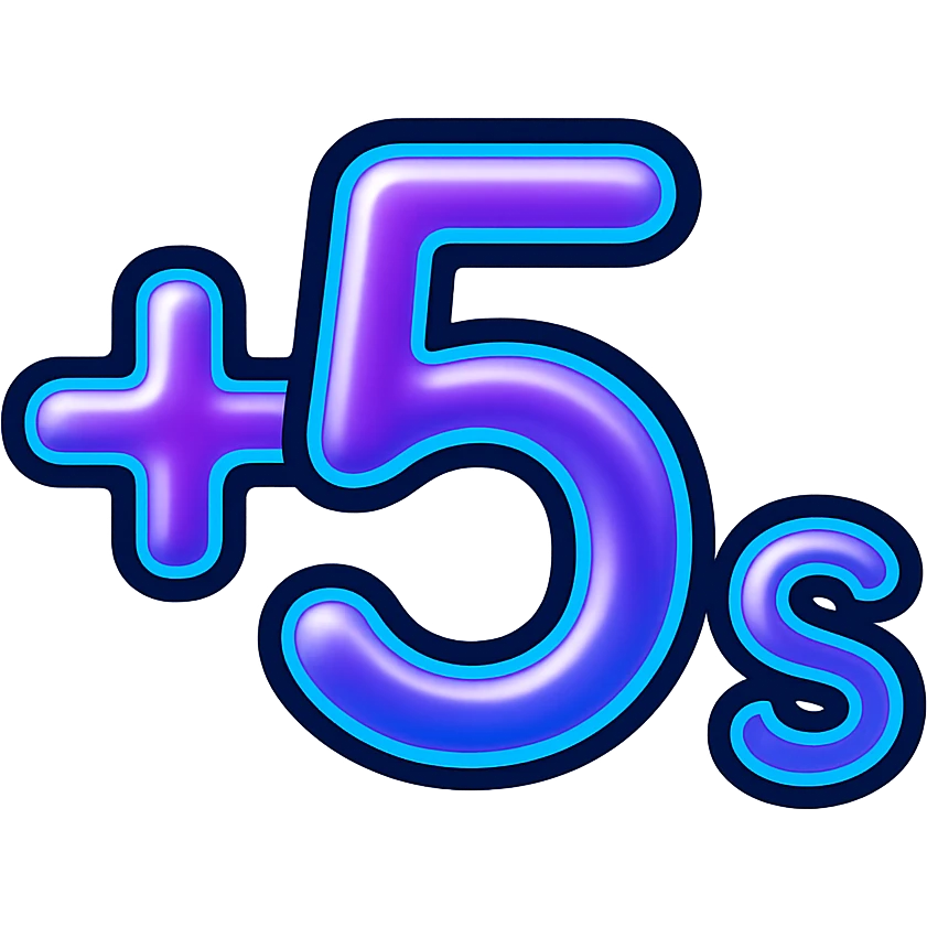 +5s with + and 5 in cosmic liquid metal mercury-like purple and blue, s as small subscript, electric blue neon glow border emoji