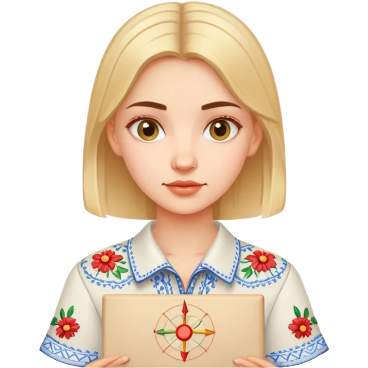 A Ukrainian girl in an embroidered shirt holds a diagram emoji