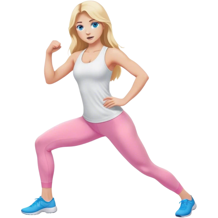 A cinematically realistic blonde with long hair and blue eyes, dressed in a white top and pink leggings, does a sports exercise called lunges emoji