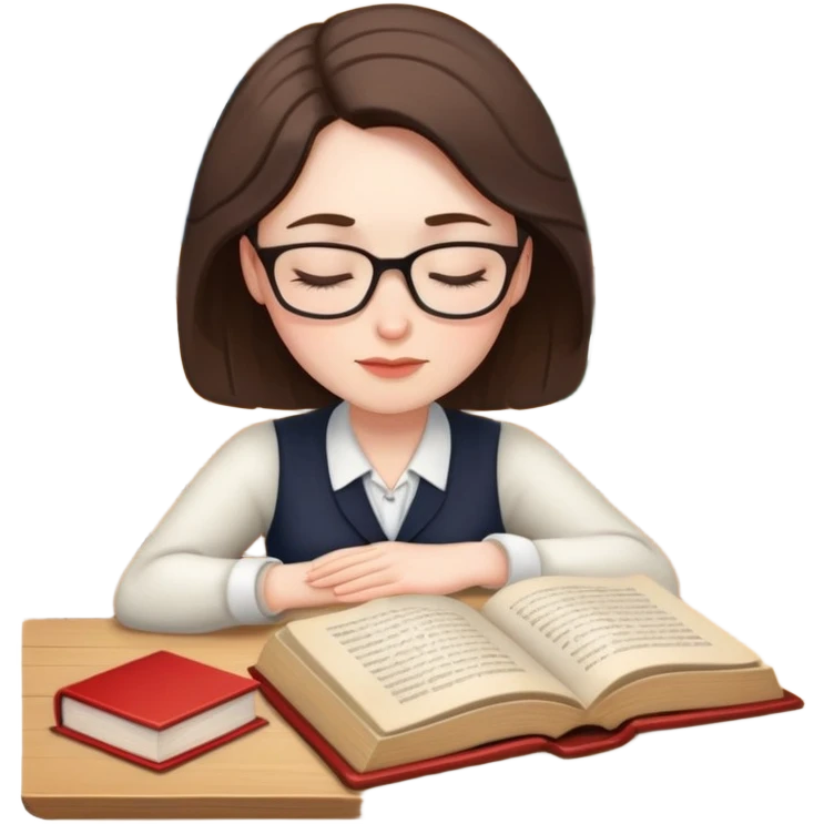 Woman teacher dozing off at desk with open book emoji