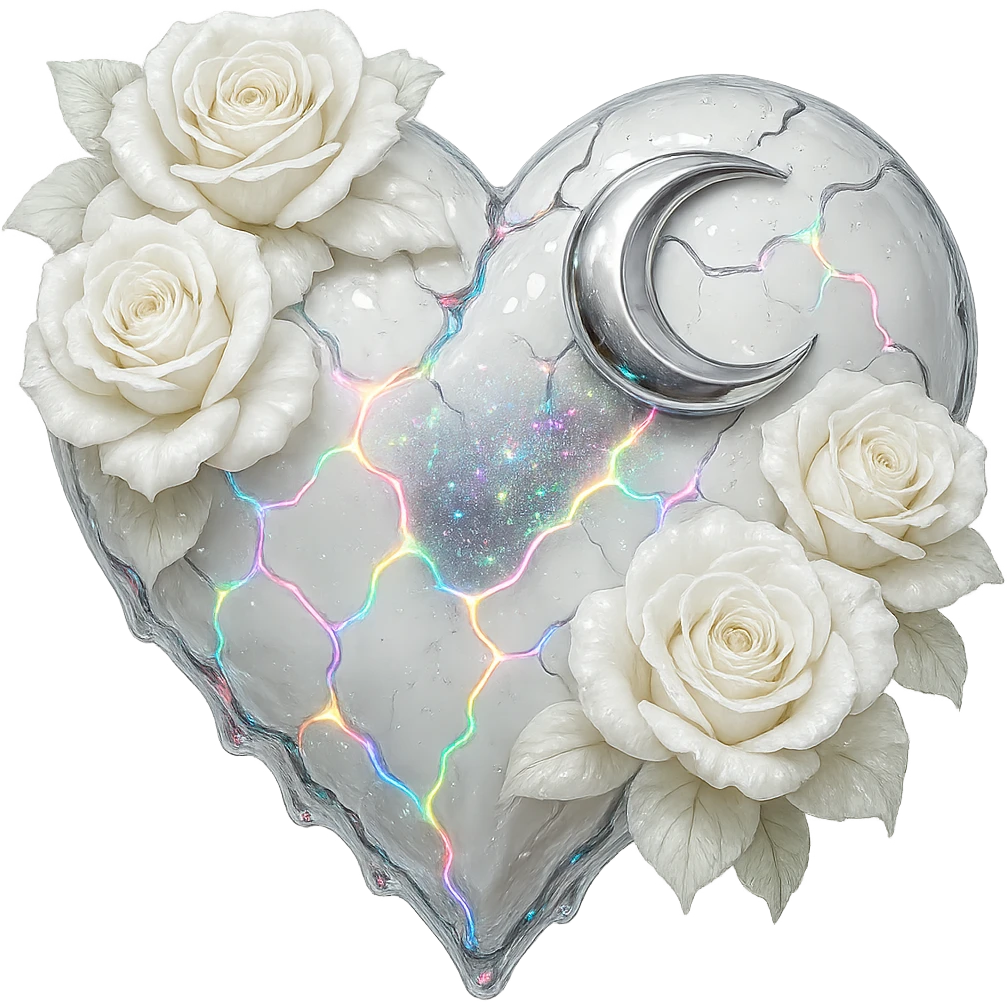 Edit the gothic heart to have cracked deep white glass, silver crescent moon, white roses, shimmering holographic stardust, neon lightning accents, and a glossy wet appearance. Keep the background transparent. Maintain the gothic heart style and transparent background. emoji