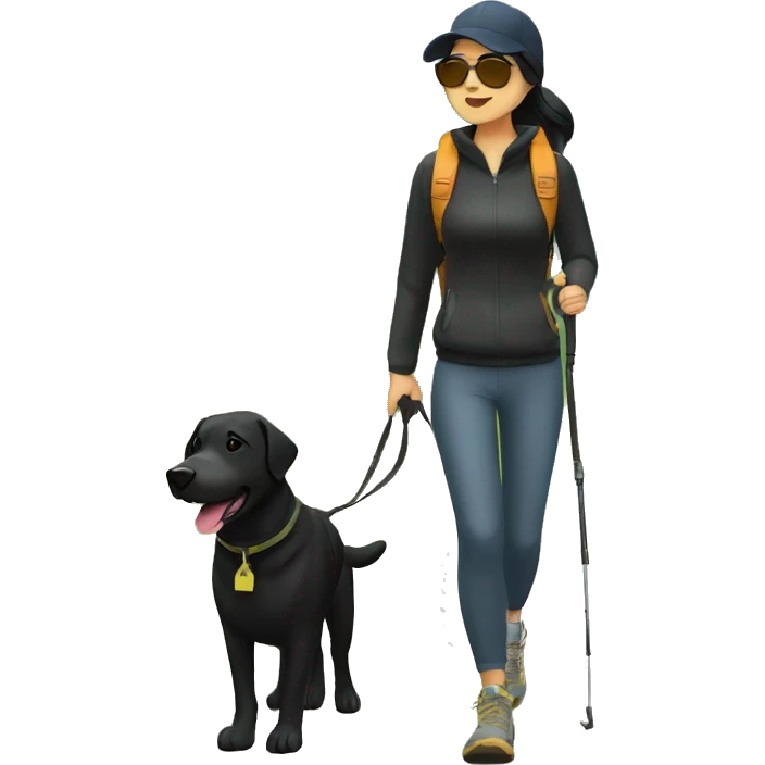 asian woman with black cap and sunglasses hiking with black lab dog emoji