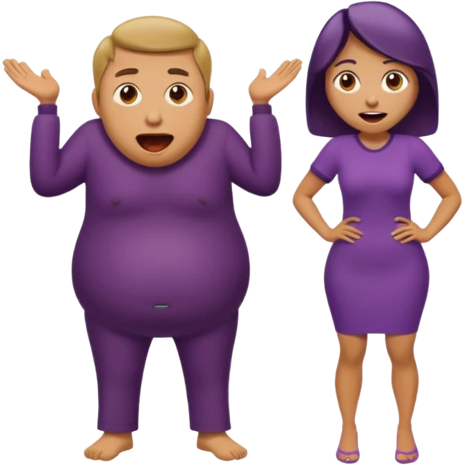 Man standing, eggplant emoji small, coming off of his hips area, woman facing the man on her knees with a surprised open mouth face emoji