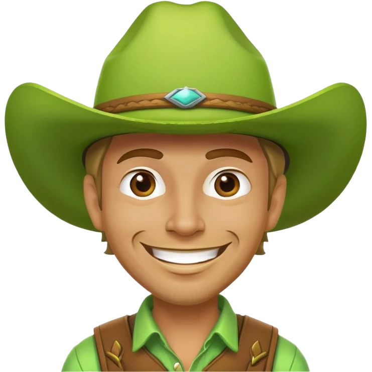 Cowboy face with a large lime green hat and a grin emoji