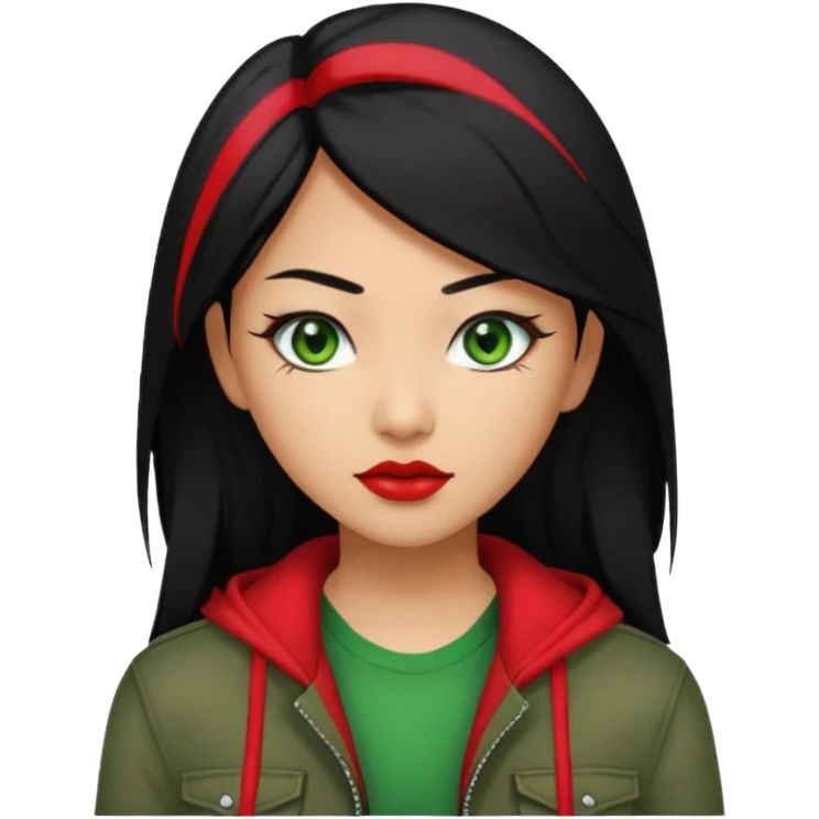 Asian-Latina woman with black hair with a red streak, green eyes, and an alternative/grunge style of clothing. emoji