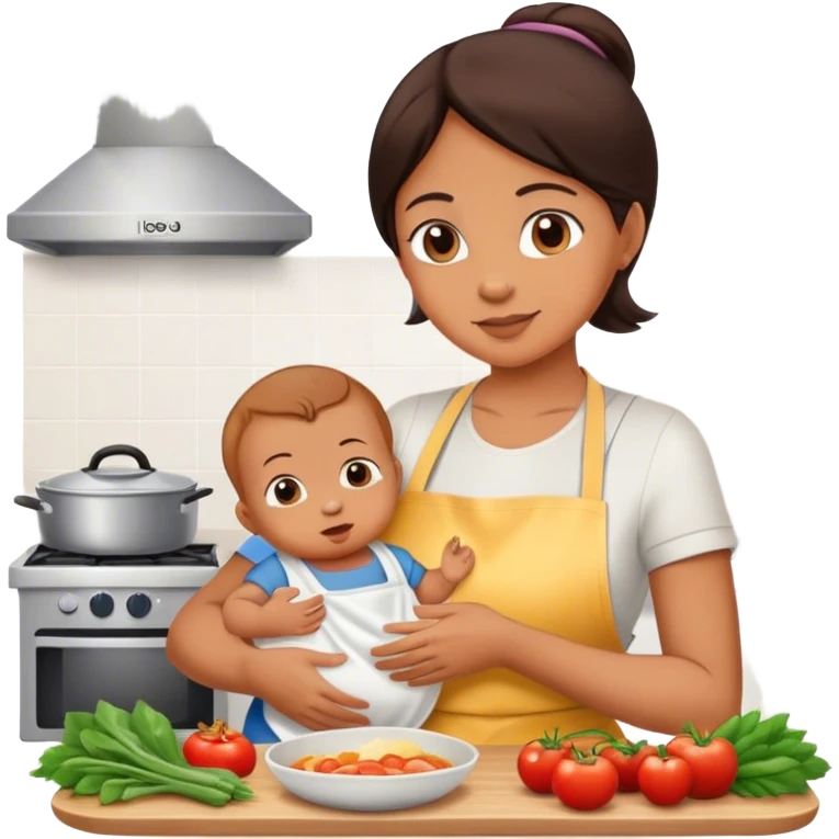 Mom holding baby cooking dinner emoji