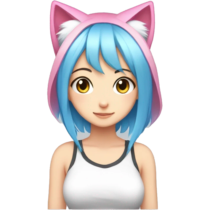 anime girl, cat ears, different eye colors, one white eye,  blue hair, pink hair emoji