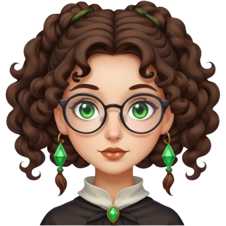 Witchy whimsical girl with brown curly long hair in a bun, square glasses and green eyes emoji