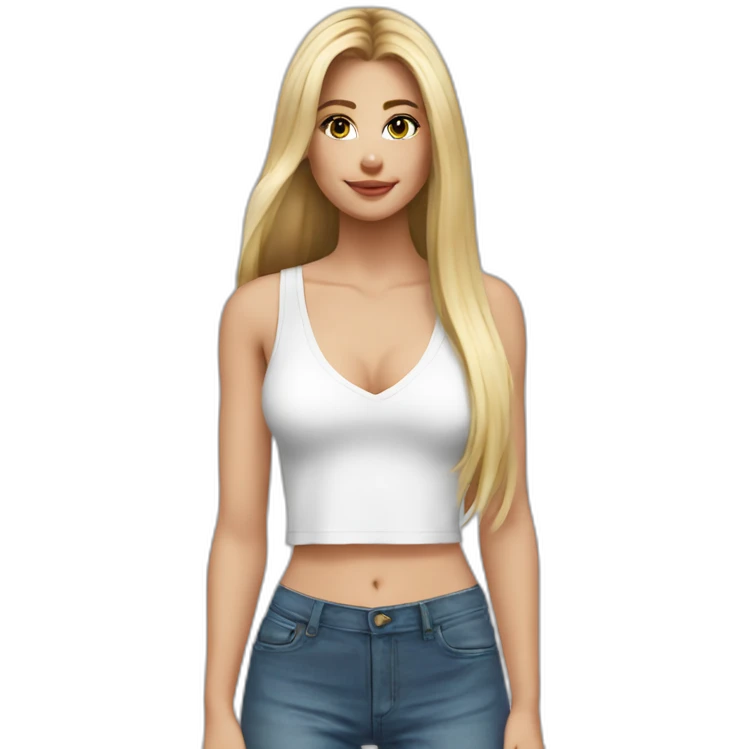 hyperrealistic caucasian blonde, long straight hair, white deep v-neck crop tanktop emoji
