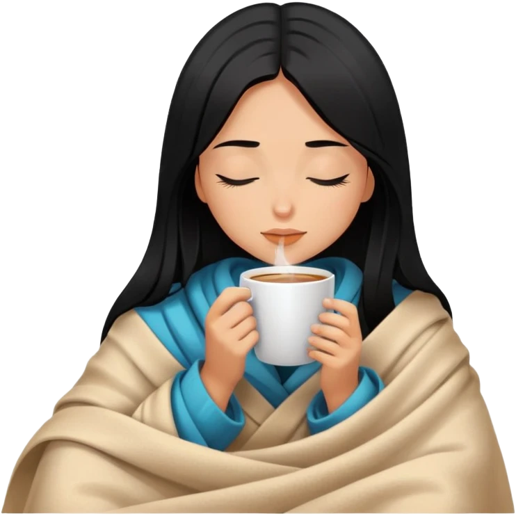 Black straight hair, tanned skin girl inside a blanket sipping coffee eyes closed emoji